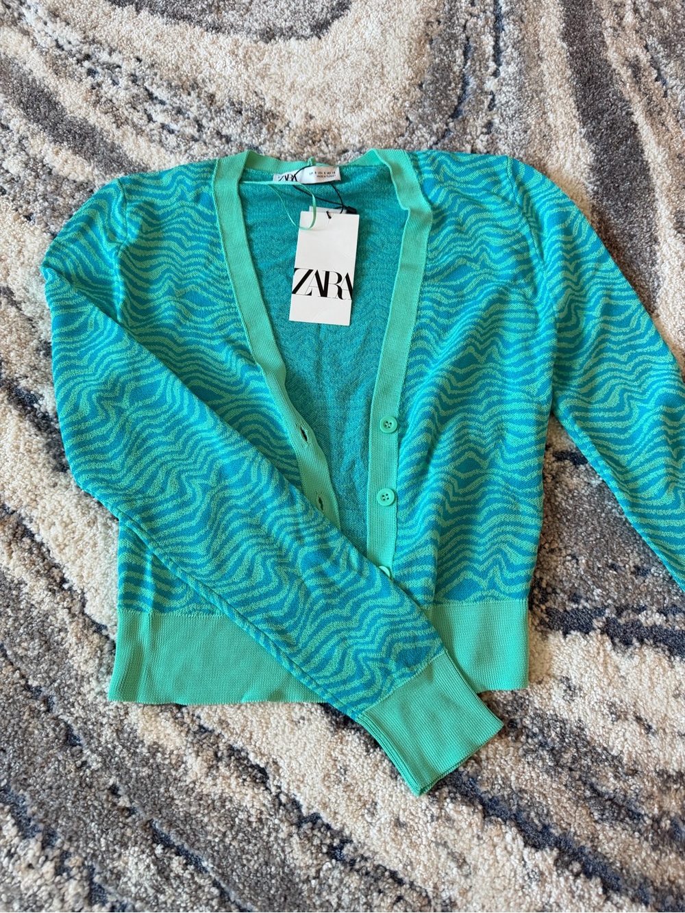 ZARA Turquoise Wave-Pattern Cardigan